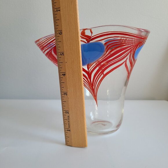 Artisan Hand-Blown Pulled Feather Red Blue Bud Vase Cotemporary Modern Signed - Picture 7 of 8